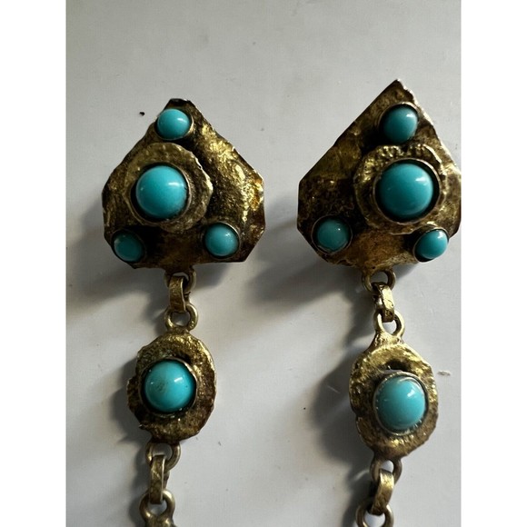 Vintage Mid Century HENRY PERICHON  Earrings Faux Turquoise  Gilt Bronze Rare - Picture 9 of 16